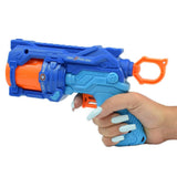 Blue and orange toy revolver soft bulletgun held in a hand .