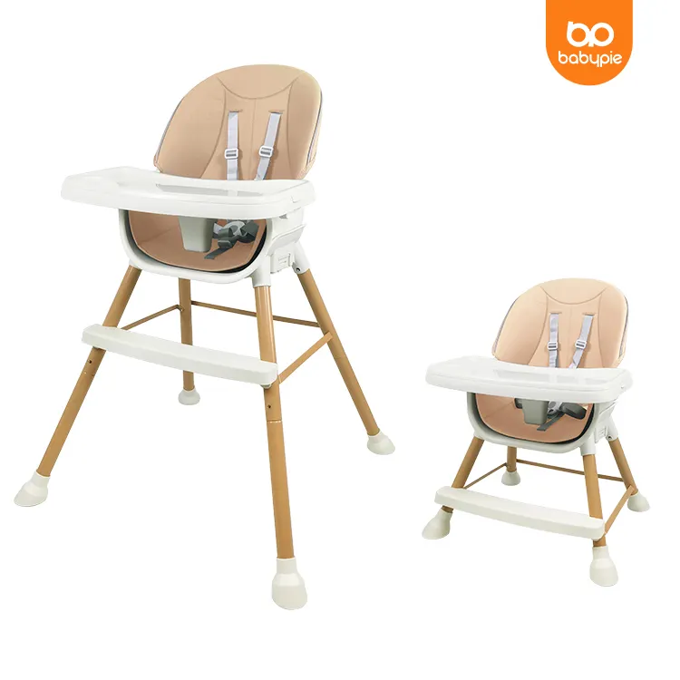  Beige and white wooden kids’ high chair with a sturdy frame, tray, and supportive seat.