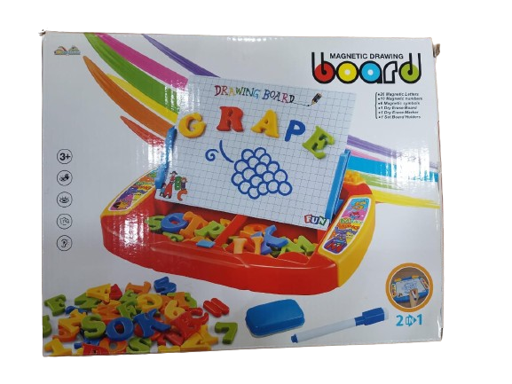 Box of a magnetic drawing board with colorful letters and numbers .