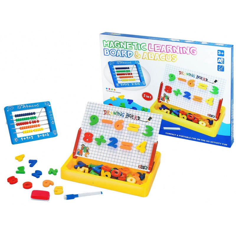 Colorful magnetic learning board with abacus and educational toys.