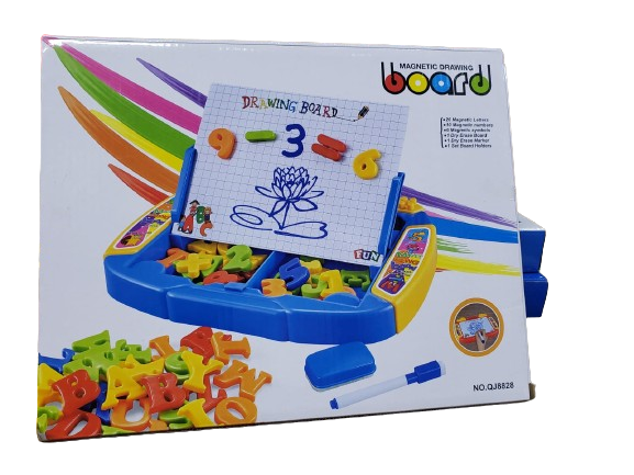 Magnetic drawing board with letters and numbers on a colorful box