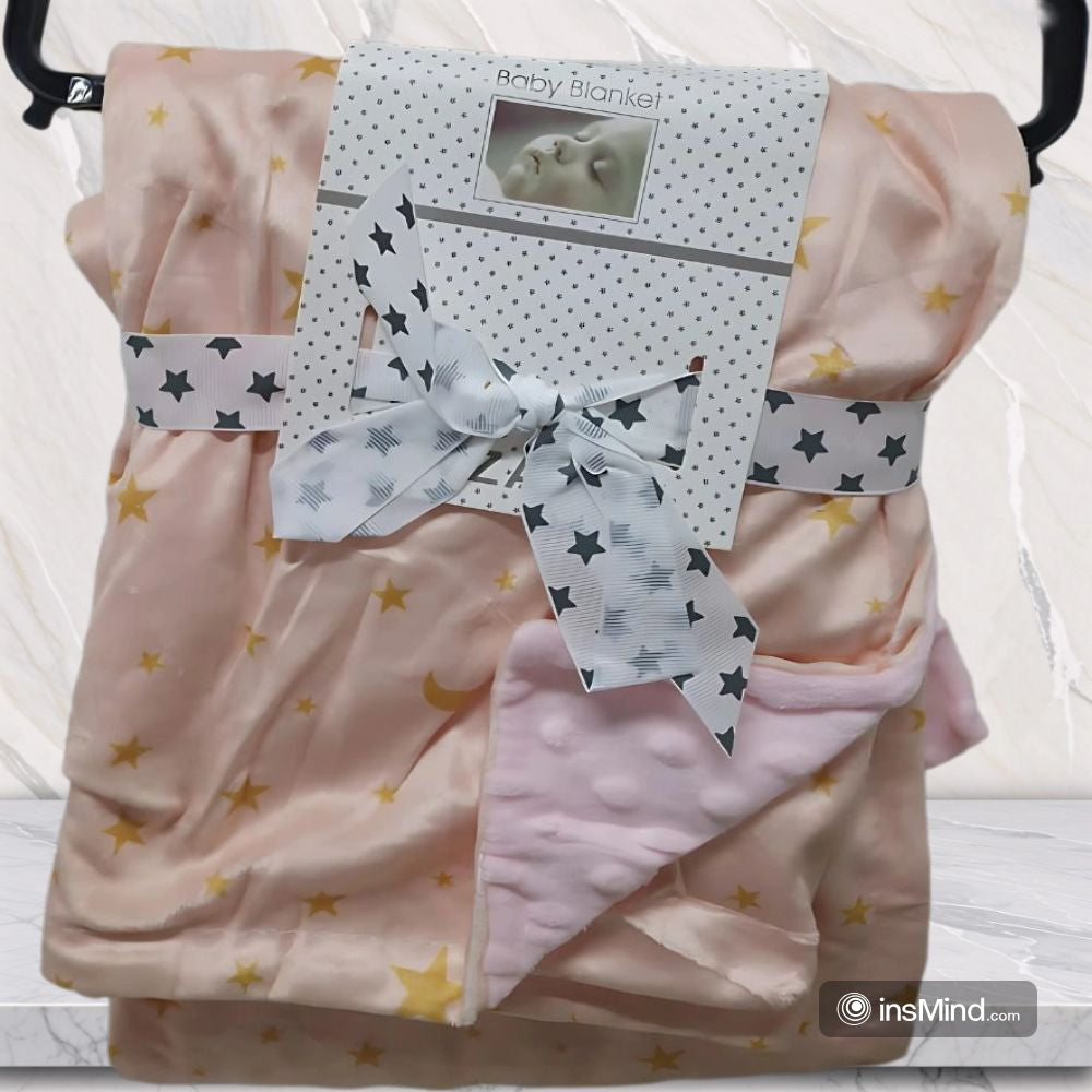  cute plush Pink baby blanket with star pattern, wrapped in a decorative paper 