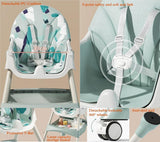 Collage of a 2 in 1foldable baby high chair with features highlighted .