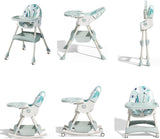Multi-angle view of a 2 in 1 baby high chair with various attachments.