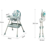 2-in-1 baby high chair with clearly labeled dimensions, showing the overall height, width, depth, seat height, and tray measurements.