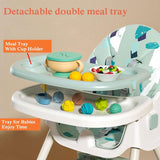 Detachable double meal tray with an integrated cup holder on a 2-in-1 baby high chair, designed for convenient feeding and easy cleaning.