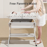 2 in 1 heightadjustable Baby changing table with baby lying on adiaper changing table.