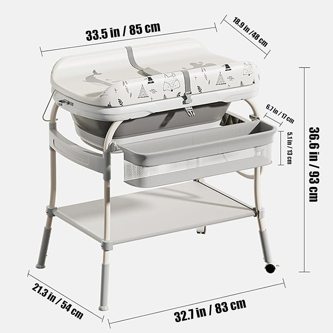 2 in 1 Height adjustable foldable Baby changing table with dimensions labeled .