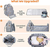 Gray 3-in-1 diaper bag with highlighted features, including multiple storage compartments.