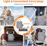 Gray 3 in 1 diaper bag shown in various use cases including backpack, handbag, and stroller with text 'Light & Convenient Carry Ways'.
