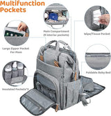 Gray3 in 1 diaper bag with various compartments and features highlighted.