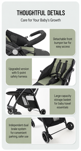A10 lightweight 2-in-1 baby stroller feature infographic titled “THOUGHTFUL DETAILS Care For Your Baby’s Growth,” highlighting a detachable front bumper bar, upgraded 5-point safety harness, large storage basket, and independent dual brake system.