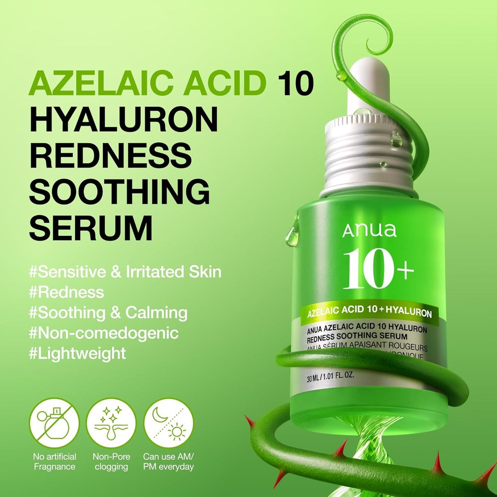 Anua Azelaic Acid 10 Hyaluro Redness Soothing Serum, Facial Serum for Sensitive skin, Hyaluronic Acid, Niacinamide, Spot Care, Natural Color, Vegan, Korean Skincare (30ml/ 1.01 fl oz.)