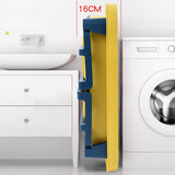 Yellow and blue folded baby bath tub next to a washing machine.