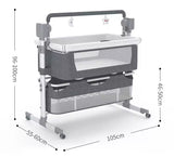 Automatic baby swing cot crib shown with measurement markings, highlighting its overall length, width, height, adjustable height range, and compact dimensions for easy placement beside a bed.