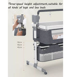 Automatic swing cot baby crib with three-speed height adjustment, suitable for both high and low beds, featuring remote-controlled gentle rocking, adjustable swing speeds, breathable mesh sides, and a comfortable sleeping mattress.