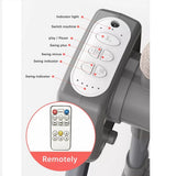 Control panel with clearly labeled buttons and a remote control illustration on an automatic baby swing cot, highlighting easy operation, adjustable swing speeds, timer settings, power control, and convenient remote access.