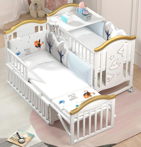 Children Crib, Baby Wooden Cot, Bed Multifunctional Rocker, Convertible Desk And Kids Sofa With Mosquito Net (bedding set sold separately)