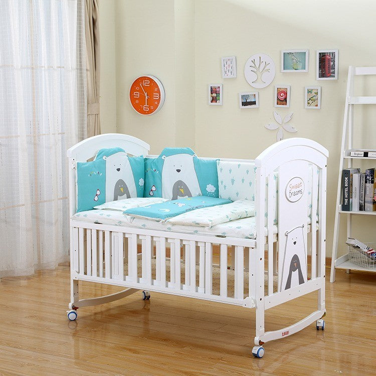 Children Crib, Baby Wooden Cot, Bed Multifunctional Rocker, Convertible Desk And Kids Sofa With Mosquito Net (bedding set sold separately)