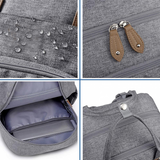 Collage of a gray multifunctional baby changing bag backpack, highlighting its water-resistant exterior with water droplets, durable zipper details, and spacious interior compartments for organized storage.