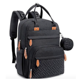 Black multifunctional baby nappy changing backpack with a woven pattern and brown leather accents, featuring spacious compartments, durable zippers, and organized storage for diapers, bottles, wipes, and baby essentials.