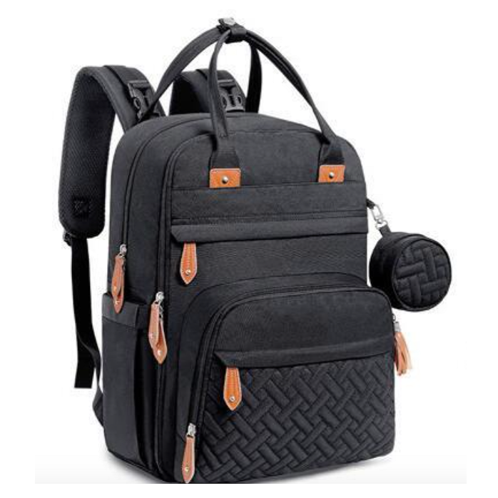Black multifunctional baby nappy changing backpack with a woven pattern and brown leather accents, featuring spacious compartments, durable zippers, and organized storage for diapers, bottles, wipes, and baby essentials.