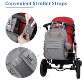 Gray multifunctional baby nappy changing backpack with stroller straps attached, featuring close-up details of the durable fabric, zippers, organized compartments, and convenient hands-free design.
