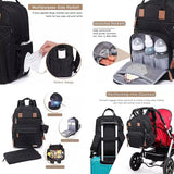 Multifunctional diaper bag with various compartments and features, including spacious storage, insulated bottle pockets, side pockets, a front zippered compartment, organized interior sections, and a convenient design for carrying diapers and baby essentials