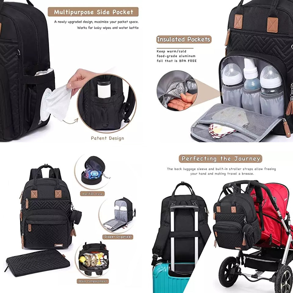 Multifunctional diaper bag with various compartments and features, including spacious storage, insulated bottle pockets, side pockets, a front zippered compartment, organized interior sections, and a convenient design for carrying diapers and baby essentials