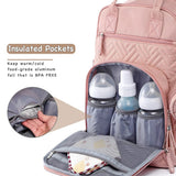 Pink multifunctional baby nappy changing bag with insulated bottle pockets, spacious compartments for baby essentials, and BPA-free food-grade aluminum foil lining for thermal insulation.