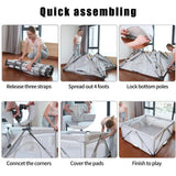 Step-by-step assembly instructions showing how to set up a baby playpen, with illustrations of each folding, locking.