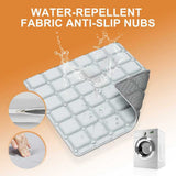 Baby playpen featuring water-repellent fabric, anti-slip nubs for stability, and a washing machine illustration highlighting easy cleaning.