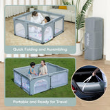 Portable baby playpen with assembly and travel features shown, including quick folding, assembly, and portability.