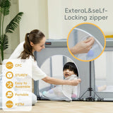 Woman and child interacting with a portable playpen for indoor outdoor kids activity.