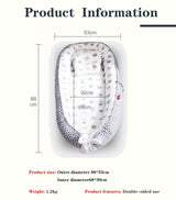 Measurement chart of a baby nest with dimensions and product features