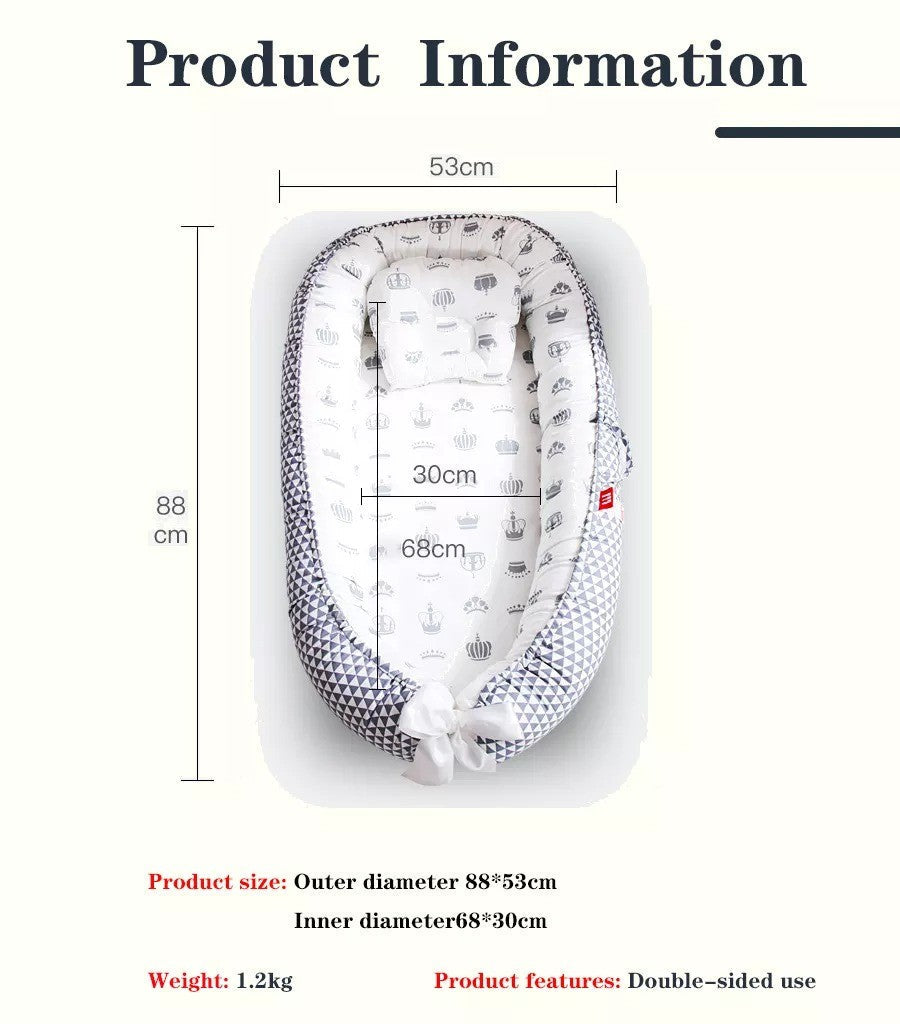 Measurement chart of a baby nest with dimensions and product features