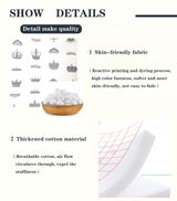 Text detailing skin-friendly fabric and thickened cotton material with images of fabric and cotton balls.
