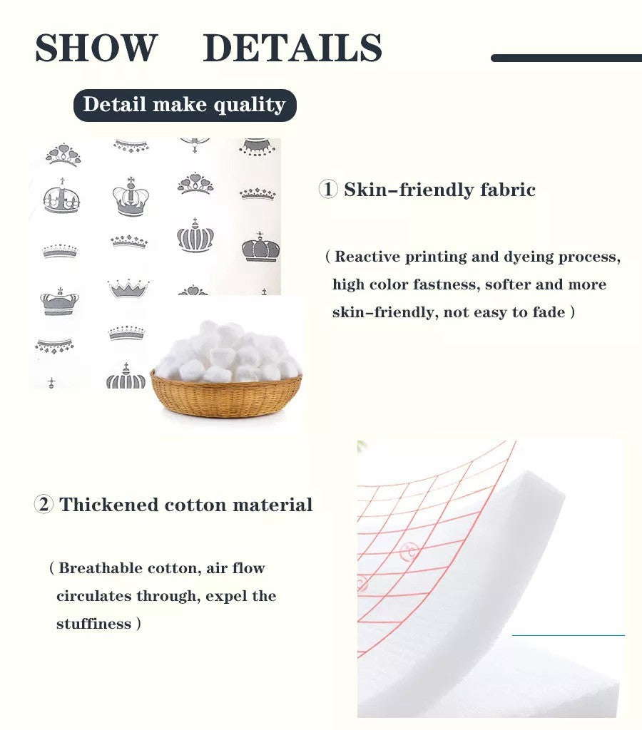Text detailing skin-friendly fabric and thickened cotton material with images of fabric and cotton balls.
