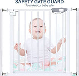 Baby standing behind aBaybee Auto safety gate with text 'Safety Gate Guard' above.