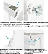 Product features with text highlighting ABS plastic material switch, double protection for door side lock pin, punch-free design, and 180-degree two-way door opening.