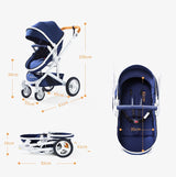 Navy blue Belecoo baby stroller with labeled measurements showing its overall dimensions and key adjustable sections.