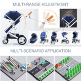 Collage of a Belecoo blue stroller with features and application scenario.