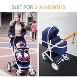 Belecoo Baby stroller suitable for infants 0-36 months, with a woman pushing it and a close-up of the stroller.