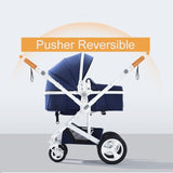 Reversible belecoo baby stroller with blue seat and white frame .
