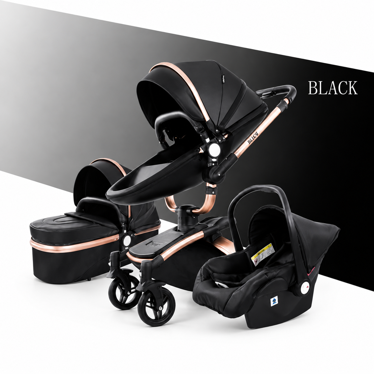 Luxury Baby Stroller 3 in 1 Fashion Carriage Gold Frame Pram