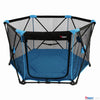 Blue and black hexagonal Baby MagicGo foldable playpen with a mesh safety net and padded blue floor mat.