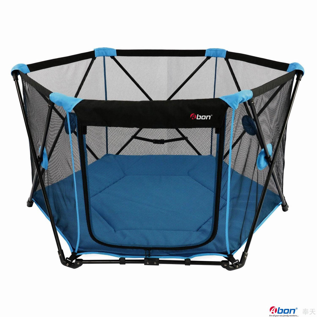 Blue and black hexagonal Baby MagicGo foldable playpen with a mesh safety net and padded blue floor mat.