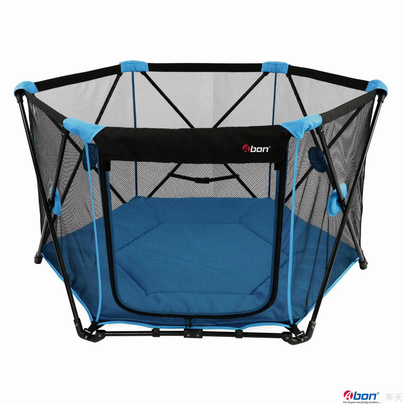 Blue and black hexagonal Baby MagicGo foldable playpen with a mesh safety net and padded blue floor mat.