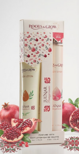  Roots & Glow skincare products with pomegranate elements 