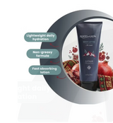 Roots& Glow Body lotion tube with pomegranate design and text highlighting features.